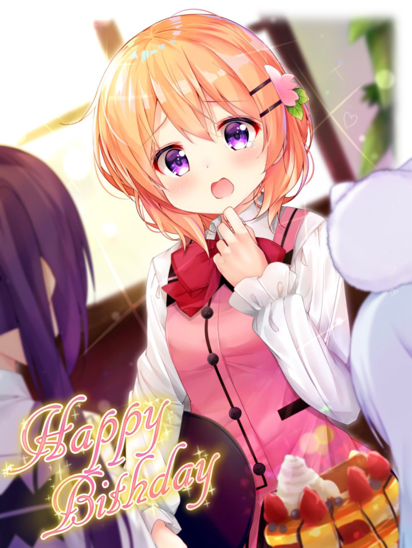 3girls angora_rabbit animal animal_on_head bangs black_skirt blueberry blush bow bowtie breasts bunny_on_head buttons chocolate_syrup collared_shirt commentary_request day english food from_behind fruit gochuumon_wa_usagi_desu_ka? hair_ornament hairclip hand_on_own_chin happy_birthday heart highres holding holding_tray hoto_cocoa indoors kafuu_chino light_blue_hair long_hair long_sleeves looking_at_viewer multiple_girls on_head open_mouth orange_hair pancake pink_vest plant purple_hair purple_vest rabbit rabbit_house_uniform red_bow red_bowtie rouka_(akatyann) shirt short_hair skirt small_breasts sparkle strawberry syrup tearing_up tears tedeza_rize tippy_(gochiusa) tray twintails vest violet_eyes whipped_cream white_shirt window