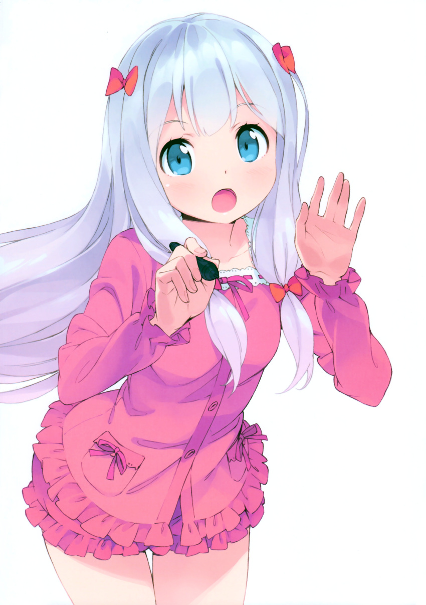 1girl absurdres against_fourth_wall blue_eyes bow ero_manga_sensei eromanga_sensei highres holding izumi_sagiri kanzaki_hiro leaning_forward long_hair official_art open_mouth pajamas pen pink_pajamas pink_shirt pink_shorts ribbon shirt short_shorts shorts silver_hair solo thigh_gap very_long_hair