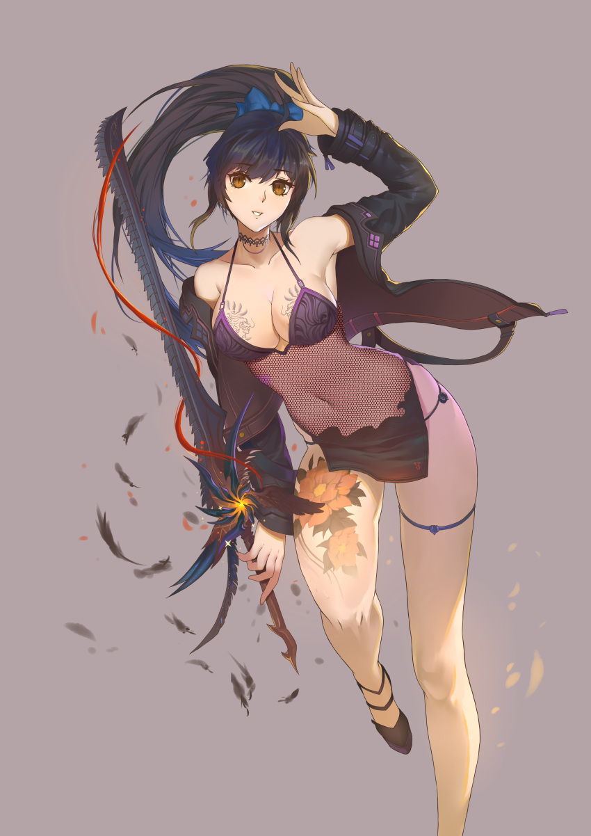 1girl absurdres arm_up bangs black_feathers black_hair black_jacket black_shoes blue_hair bow breast_tattoo breasts feathers flower_tattoo gradient_hair hair_bow hand_up highres hips holding holding_sword holding_weapon jacket lavender_background leg_up legs light long_ponytail long_sleeves looking_at_viewer medium_breasts multicolored_hair navel neck_tattoo open_clothes open_jacket original petals see-through shoes simple_background slit_pupils smile solo sunshine_(1638509769) sword tattoo thigh_strap thighs weapon yellow_eyes