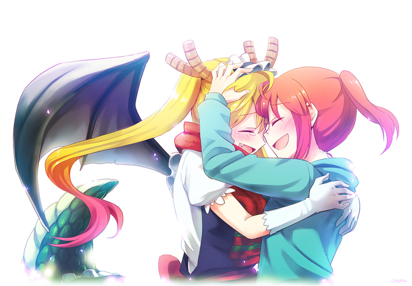 2girls :d artist_name blonde_hair blush closed_eyes dragon_girl dragon_tail fang glasses hand_on_another's_head horns hug kobayashi-san_chi_no_maidragon kobayashi_(maidragon) light_background long_hair maid maid_headdress multiple_girls nightea open_mouth ponytail red_scarf redhead scarf short_hair simple_background smile tail tears tooru_(maidragon) twintails upper_body white_background wings