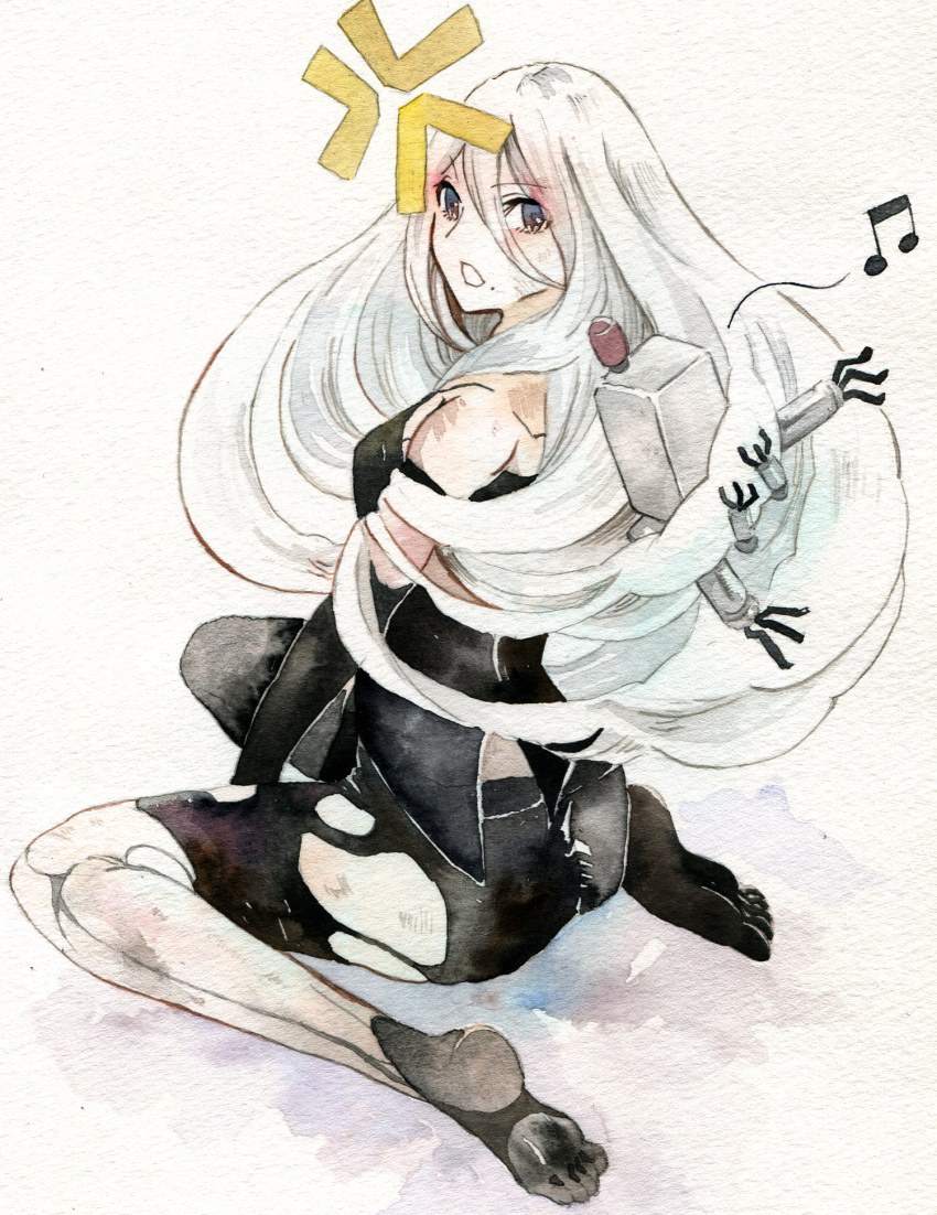1girl android anger_vein bare_shoulders breasts elbow_gloves en4xx gloves highres long_hair looking_back mole mole_under_mouth musical_note nier_(series) nier_automata open_mouth pale_skin pod_(nier_automata) shorts simple_background sitting torn_clothes traditional_media watercolor_(medium) white_hair yorha_type_a_no._2
