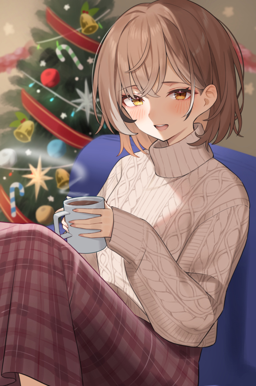 1girl :d absurdres aran_sweater bangs bell black_hair blurry blurry_background blush brown_eyes brown_hair brown_skirt cable_knit candy candy_cane christmas christmas_ornaments christmas_tree commentary_request cup depth_of_field food grey_hair gukurosawa01 hair_between_eyes highres holding holding_cup hololive hololive_english indoors knees_up looking_at_viewer mug multicolored_hair nail_polish nanashi_mumei pink_nails plaid plaid_skirt sitting skirt smile solo steam streaked_hair sweater teeth turtleneck turtleneck_sweater upper_teeth_only virtual_youtuber white_sweater