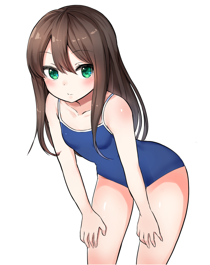1girl blush breasts brown_hair green_eyes highres idolmaster idolmaster_cinderella_girls leaning_forward long_hair looking_at_viewer memume one-piece_swimsuit shibuya_rin small_breasts solo swimsuit white_background