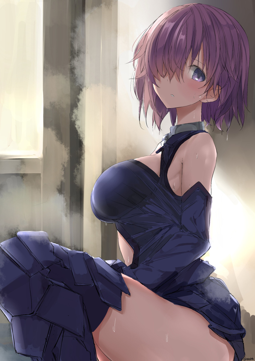 1girl absurdres armor armored_boots bare_shoulders blue_bodysuit bodysuit boots breasts detached_sleeves fate/grand_order fate_(series) hair_over_one_eye highres indoors large_breasts nao_(qqqbb) no_glasses pink_hair shielder_(fate/grand_order) short_hair sideboob sitting solo thigh-highs violet_eyes