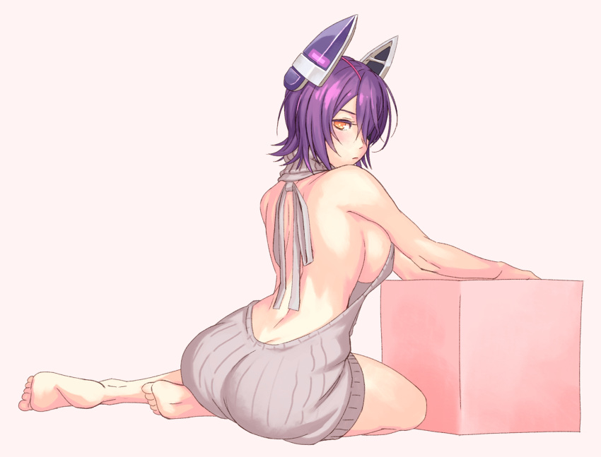 1girl aran_sweater ass backless_outfit bangs bare_back bare_legs barefoot blush box breasts butt_crack closed_mouth dress eyepatch feet from_behind full_body grey_sweater hair_over_one_eye halterneck headgear kantai_collection large_breasts looking_at_viewer meme_attire naked_sweater pink_background purple_hair ribbed_dress ribbed_sweater shiny shiny_hair short_hair sideboob simple_background sitting solo sweater sweater_dress tenryuu_(kantai_collection) turtleneck turtleneck_sweater virgin_killer_sweater yellow_eyes yokozuwari yuuji_(and)