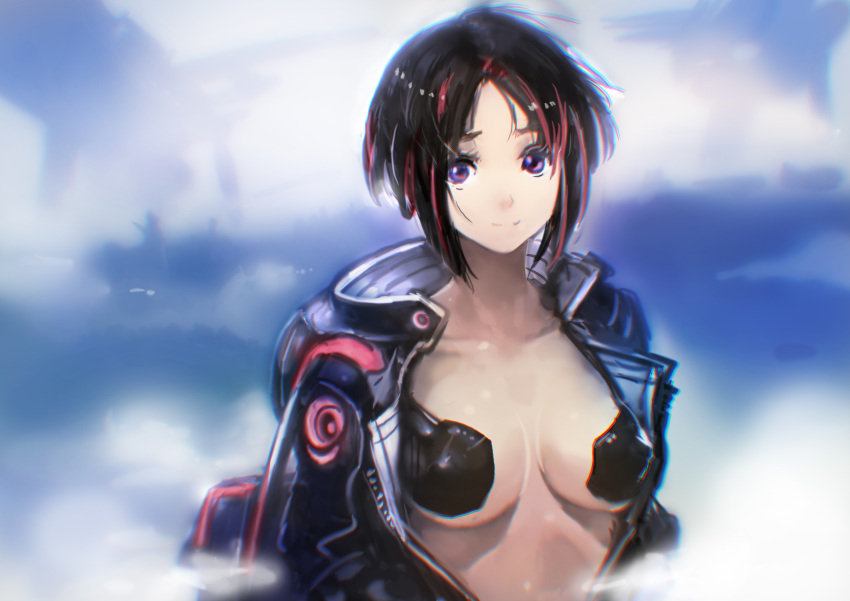 1girl absurdres black_hair breasts cleavage collarbone erect_nipples highres jacket looking_at_viewer medium_breasts multicolored_hair okuto open_clothes open_jacket original redhead short_hair smile solo standing two-tone_hair upper_body violet_eyes