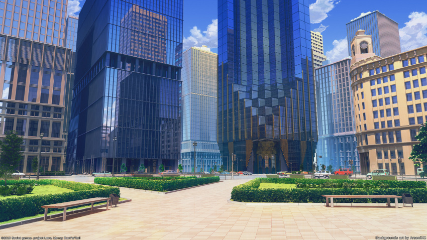 arsenixc bench blue_sky building bush car city clock clock_tower clouds day glass ground_vehicle highres lamppost love_money_rock'n'roll motor_vehicle no_humans original park pavement realistic reflection scenery seat sky tower trash_can tree watermark