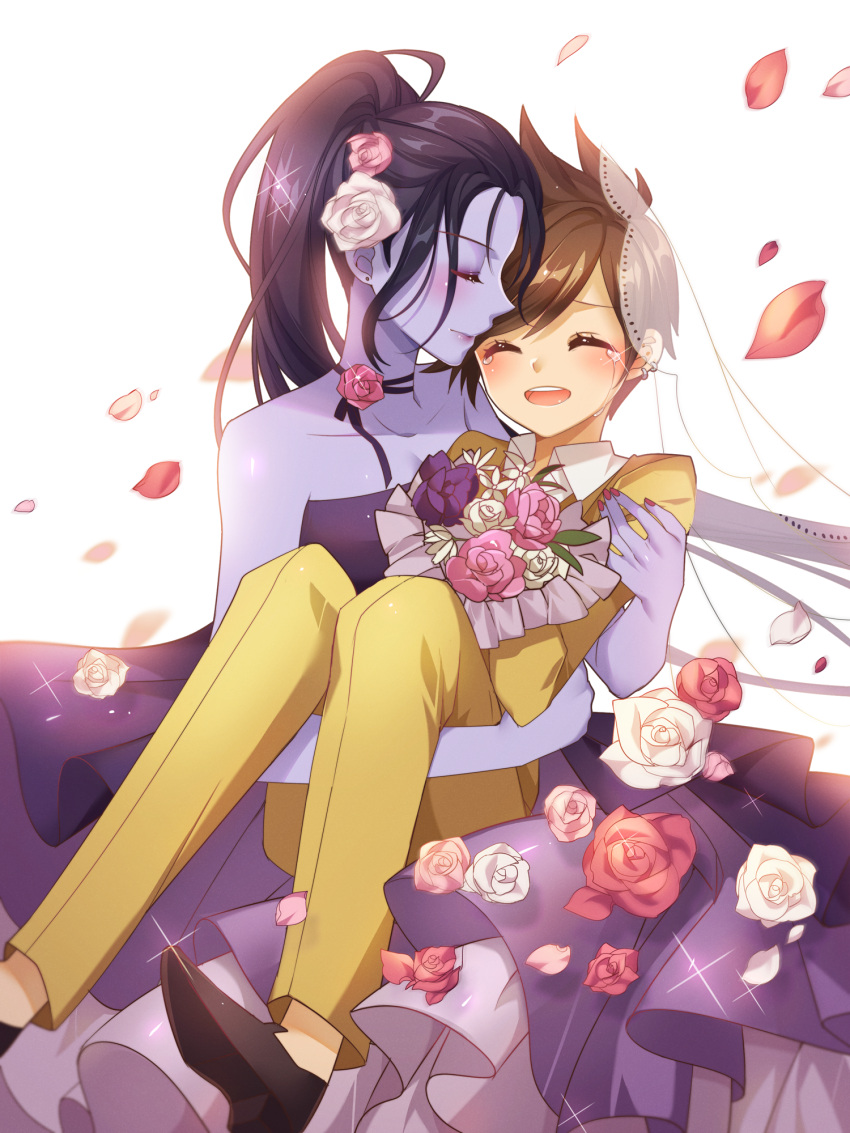 2girls atobesakunolove black_choker black_shoes blush bouquet bridal_veil brown_hair carrying choker closed_eyes closed_mouth collared_shirt commentary_request crying dress flower formal grin happy happy_tears highres holding holding_bouquet holding_flower jacket light_smile long_hair multiple_girls nail_polish open_mouth overwatch pants petals pink_nails pink_rose princess_carry profile purple_dress purple_hair purple_skin red_rose ribbon_choker rose shirt shoes short_hair simple_background smile sparkle strapless strapless_dress streaming_tears suit tears tracer_(overwatch) veil wedding_dress white_background white_rose white_shirt widowmaker_(overwatch) wing_collar yellow_jacket yellow_pants yuri
