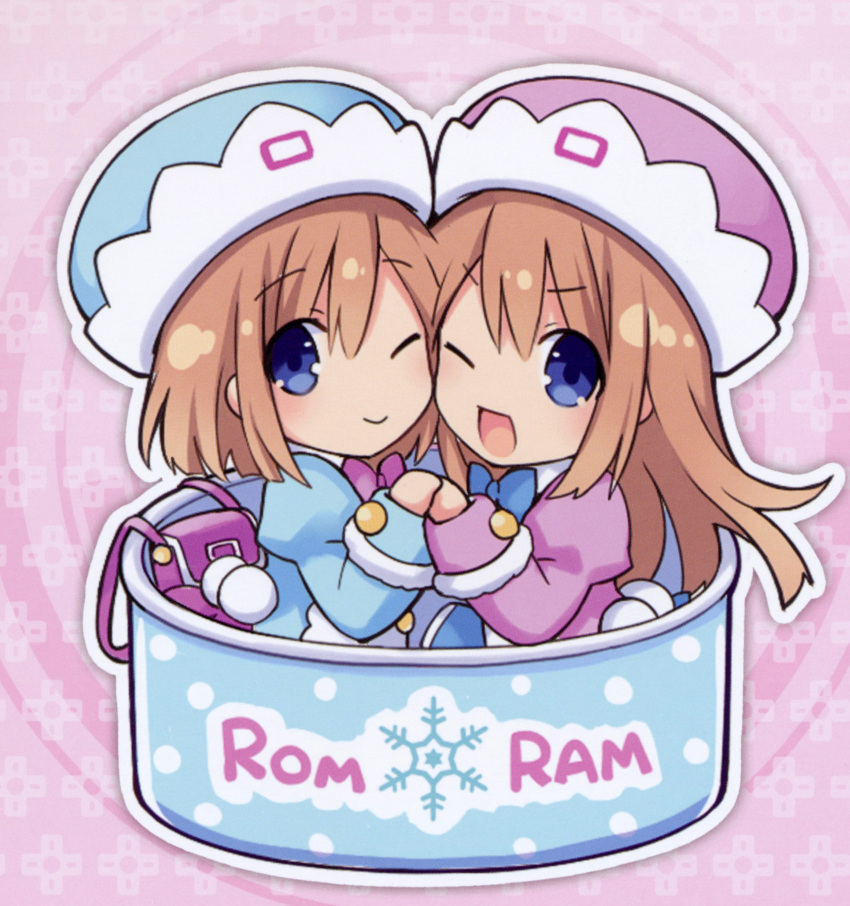 2girls absurdres blue_eyes blush brown_hair can character_name hat highres long_hair looking_at_viewer multiple_girls neptune_(series) official_art one_eye_closed open_mouth ram_(choujigen_game_neptune) rom_(choujigen_game_neptune) short_hair siblings sisters smile tsunako twins
