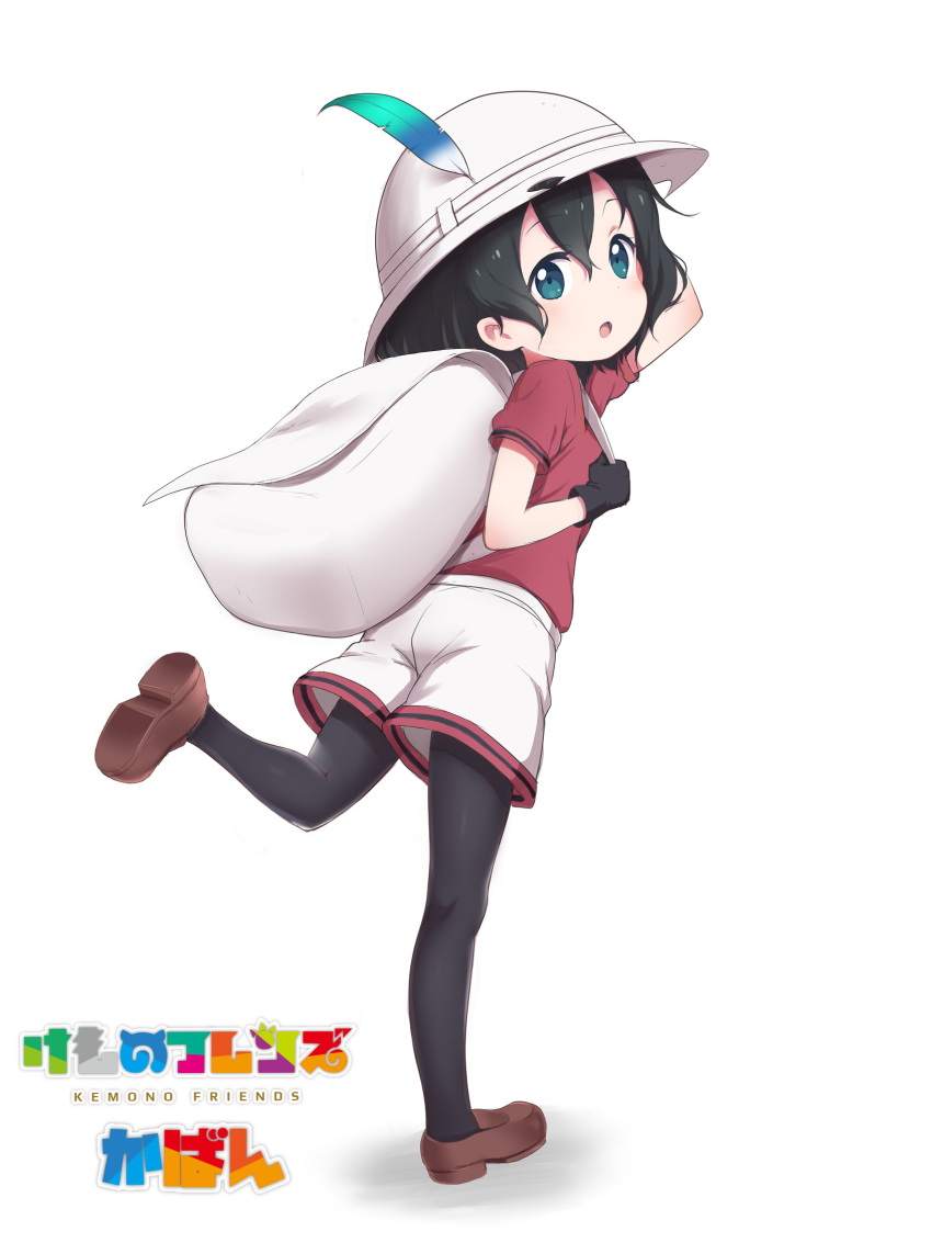 1girl backpack bag black_gloves black_hair black_legwear blue_eyes bucket_hat character_name commentary_request copyright_name from_behind gloves hand_on_headwear hat hat_feather highres kaban_(kemono_friends) kemono_friends looking_back pantyhose_under_shorts ransusan shadow shirt shorts simple_background solo t-shirt white_background