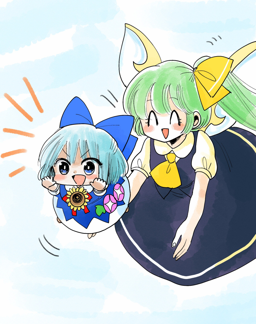 &gt;:d 2girls :d ^_^ absurdres blue_bow blue_dress blue_eyes blue_hair blue_skirt blue_vest bow cirno closed_eyes commentary_request daiyousei dress fairy_wings flower flying green_hair hair_bow highres komaku_juushoku morning_glory multiple_girls open_mouth outstretched_arms pink_flower puffy_short_sleeves puffy_sleeves short_sleeves side_ponytail skirt smile sunflower touhou vest wings yellow_bow
