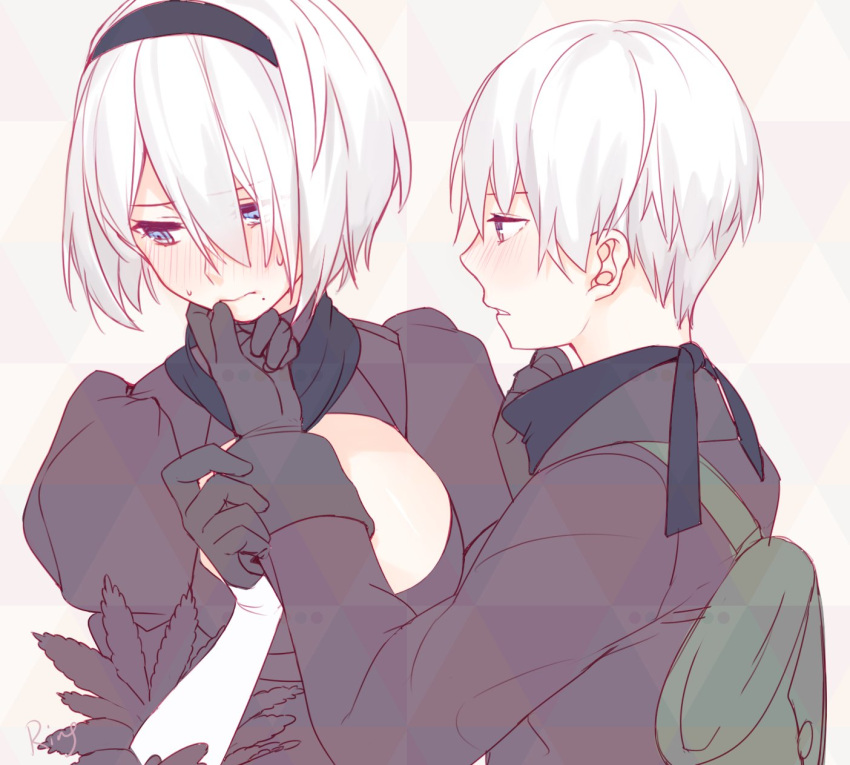 1boy 1girl aki663 black_gloves blindfold blue_eyes blush breasts chin_hold embarrassed gloves hairband highres looking_away medium_breasts nier_(series) nier_automata parted_lips short_hair silver_hair sweatdrop yorha_no._2_type_b yorha_no._9_type_s