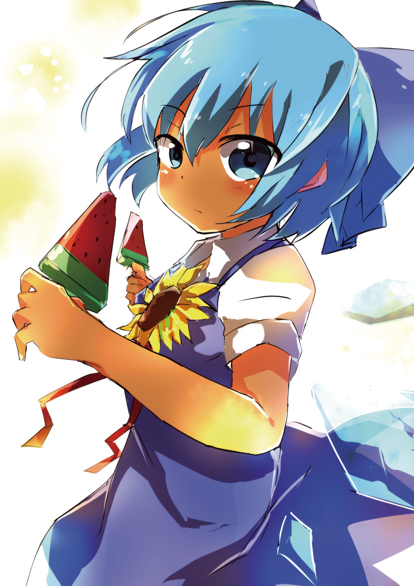 1girl blue_dress blue_eyes blue_hair bow cirno dress flower food fruit hair_bow highres ice ice_wings looking_at_viewer short_hair short_sleeves sketch solo sunflower tosura-ayato touhou watermelon wings