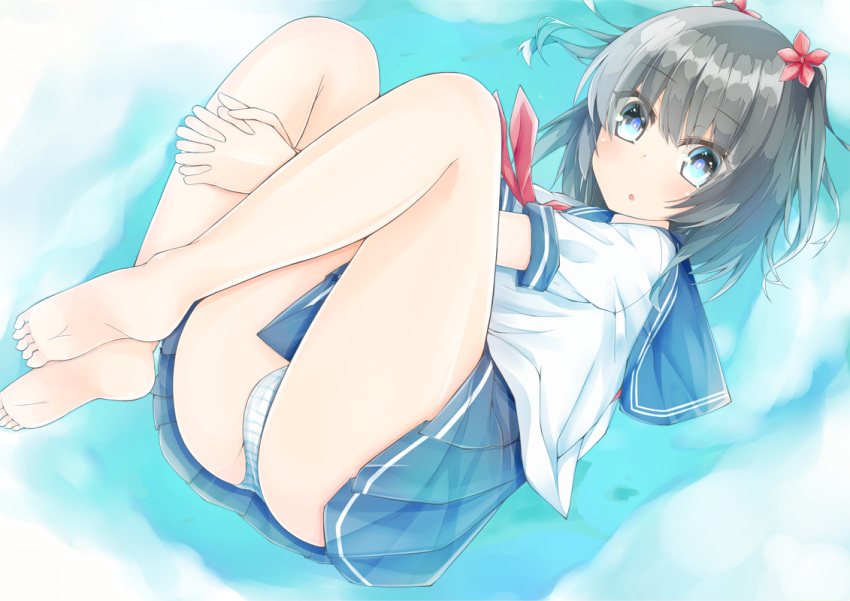 1girl :o bangs bare_legs barefoot between_legs black_hair blue_eyes blue_skirt blush error eyebrows_visible_through_hair feet hair_ornament hand_between_legs hands_clasped kafuka looking_at_viewer original panties pantyshot parted_lips pleated_skirt school_uniform serafuku short_sleeves skirt soles solo striped striped_panties thighs toes two_side_up underwear v_arms white_panties