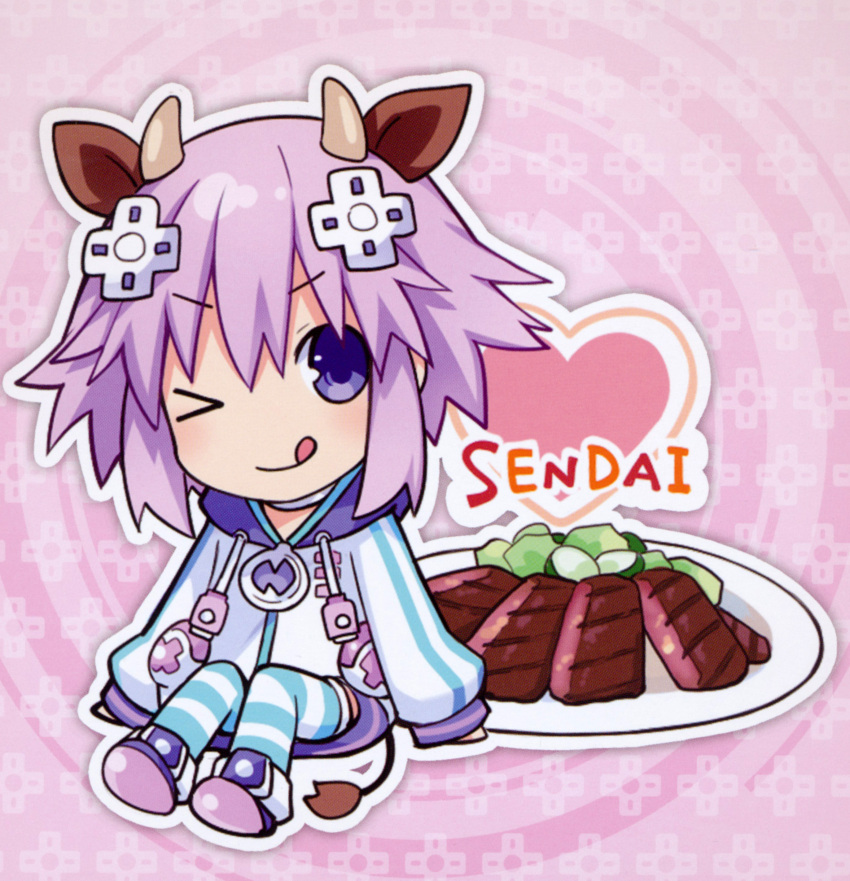 1girl absurdres animal_ears deer_ears food heart highres horn neptune_(choujigen_game_neptune) neptune_(series) official_art one_eye_closed purple_hair short_hair smile solo