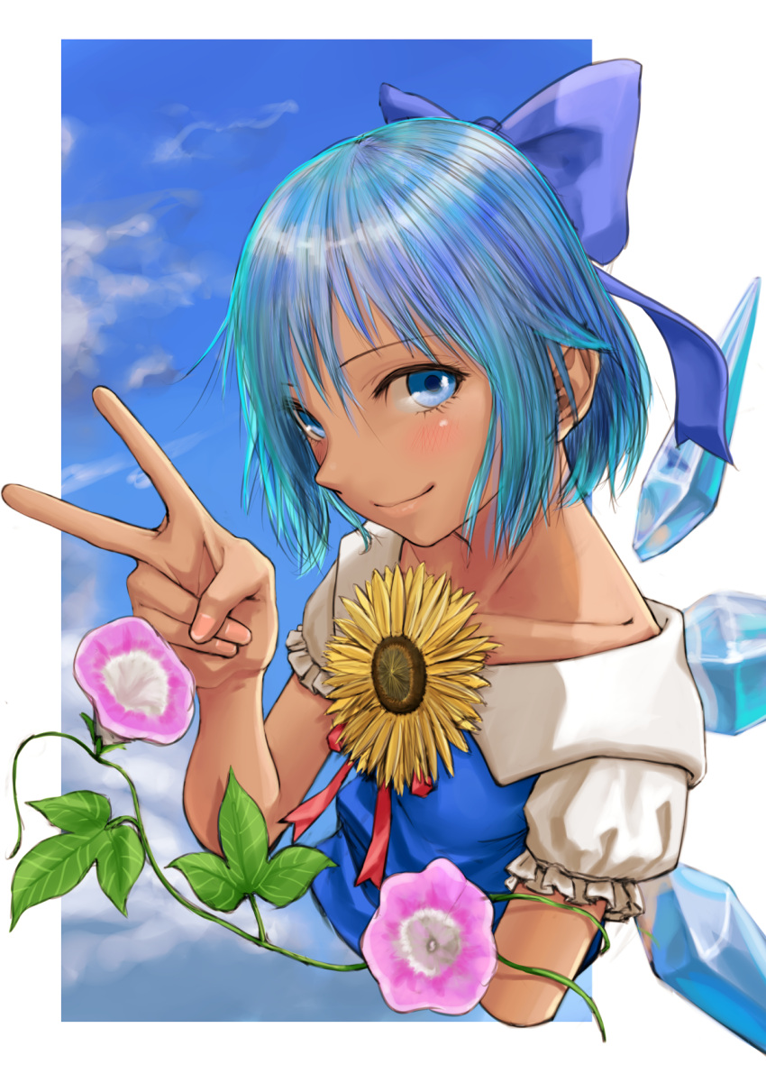 1girl blue_bow blue_dress blue_eyes blue_hair blush bow cirno clouds dark_skin day dress flower hidden_star_in_four_seasons highres ice ice_wings kilye_4421 looking_at_viewer plant sky solo sunflower tan touhou upper_body v vines wings