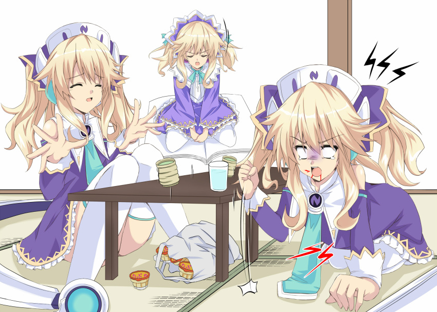 3girls angry blank_eyes blonde_hair blood blood_from_mouth blush book cup drinking_glass food fujishima_tsubasa hair_ornament hat highres histoire long_hair multiple_girls multiple_persona neptune_(series) open_mouth pudding shaded_face smile tea tears twintails water white_eyes wings