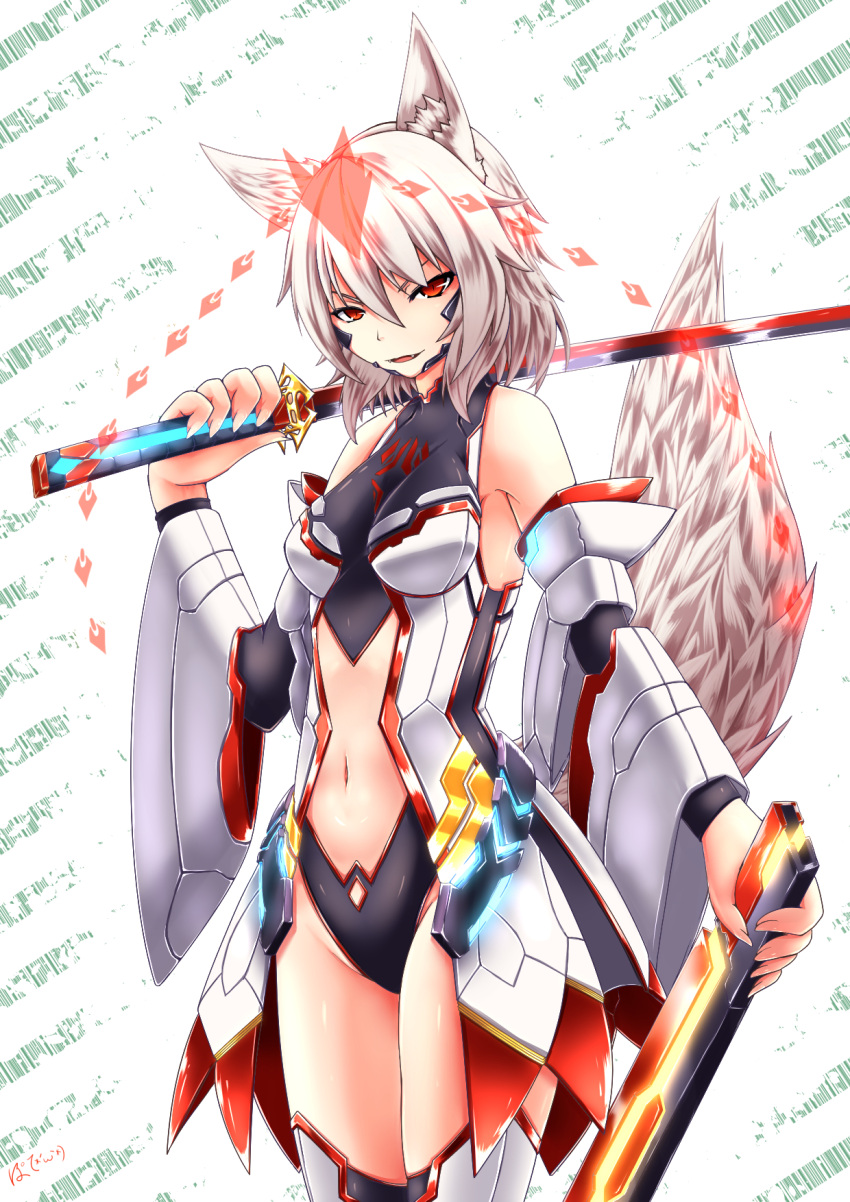 1girl alternate_costume animal_ears bangs bare_shoulders breasts cowboy_shot detached_sleeves fangs glowing hair_between_eyes highres holding holding_sword holding_weapon inubashiri_momiji inyuppo katana looking_at_viewer navel open_mouth orange_eyes over_shoulder patterned_background science_fiction shiny shiny_clothes shiny_skin short_hair signature slit_pupils small_breasts smile solo sword tail thighs touhou unsheathed waist weapon weapon_over_shoulder white_background wide_sleeves wolf_ears wolf_tail