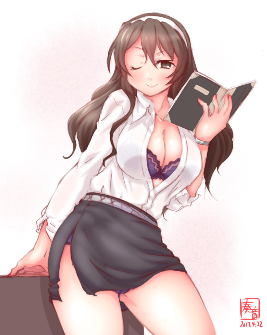 1girl ashigara_(kantai_collection) book bracelet breasts brown_eyes brown_hair cleavage desk formal hairband highres holding holding_book jewelry kanon_(kurogane_knights) kantai_collection large_breasts long_hair looking_at_viewer miniskirt one_eye_closed open_clothes open_shirt panties pantyhose pantyshot pencil_skirt shirt skirt skirt_suit smile solo suit teacher underwear wavy_hair