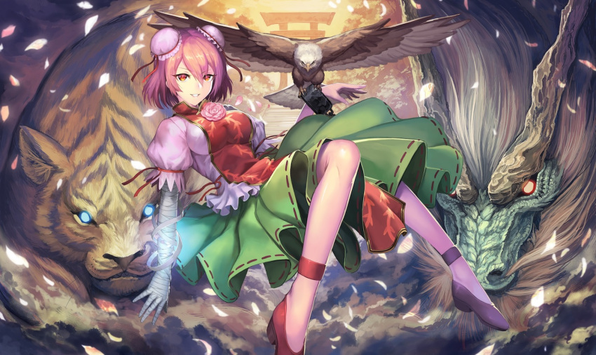 1girl ankle_cuffs bandage bandaged_arm bird bun_cover chains chinese_clothes cuffs double_bun dragon eagle flower green_skirt hair_bun ibaraki_kasen nkmr8 petals pink_eyes pink_hair pink_rose puffy_sleeves red_eyes rose shackles shoes short_hair shrine skirt stairs tabard tiger touhou