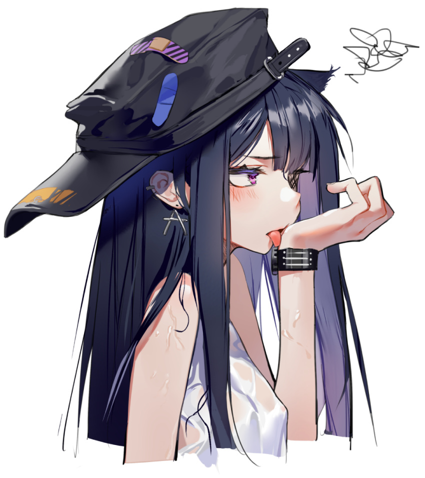 1girl animal_ears bare_shoulders black_hair blush breasts ear_piercing hat highres kentllaall licking long_hair original piercing purple_hair simple_background solo tongue tongue_out violet_eyes watch watch wet wet_clothes white_background
