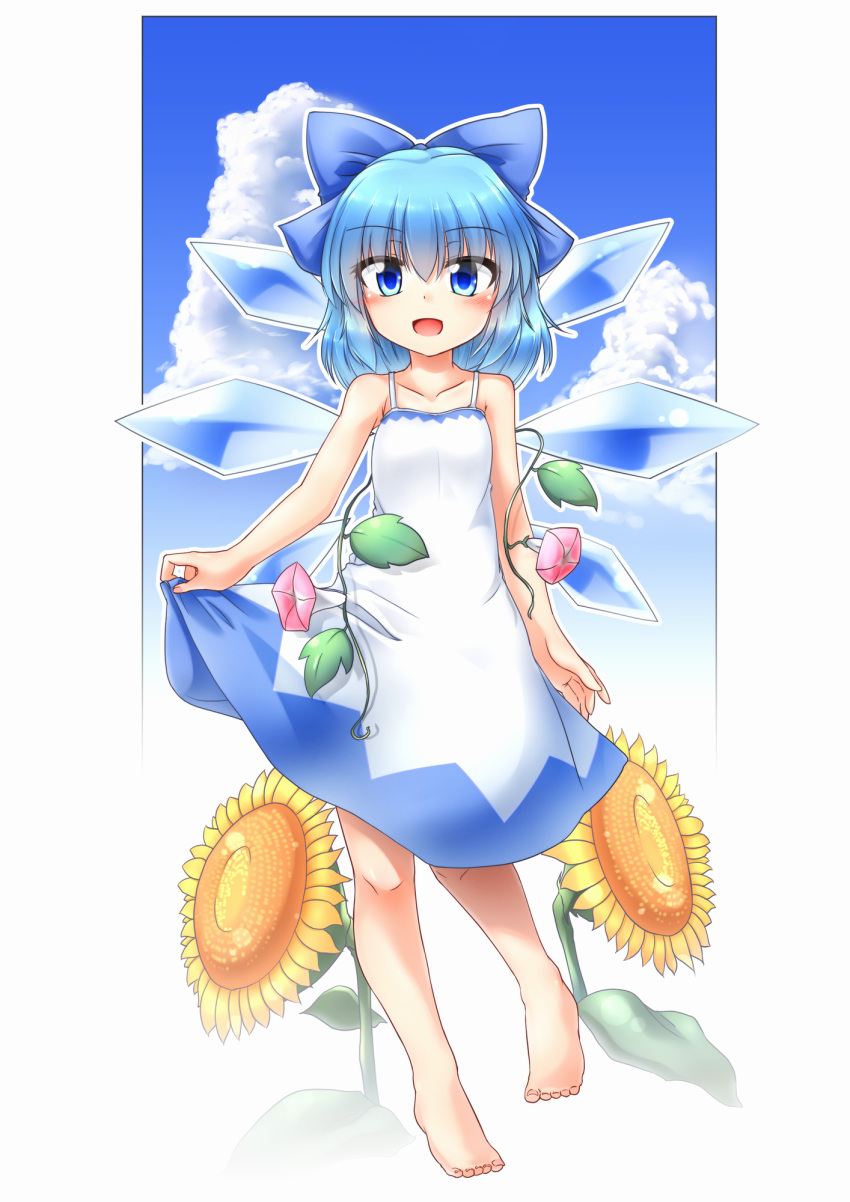 artist_request barefoot blue_eyes blue_hair cirno dress flower hidden_star_in_four_seasons highres ice ice_wings leaf looking_at_viewer open_mouth plant sky sunflower touhou vines white_dress wings