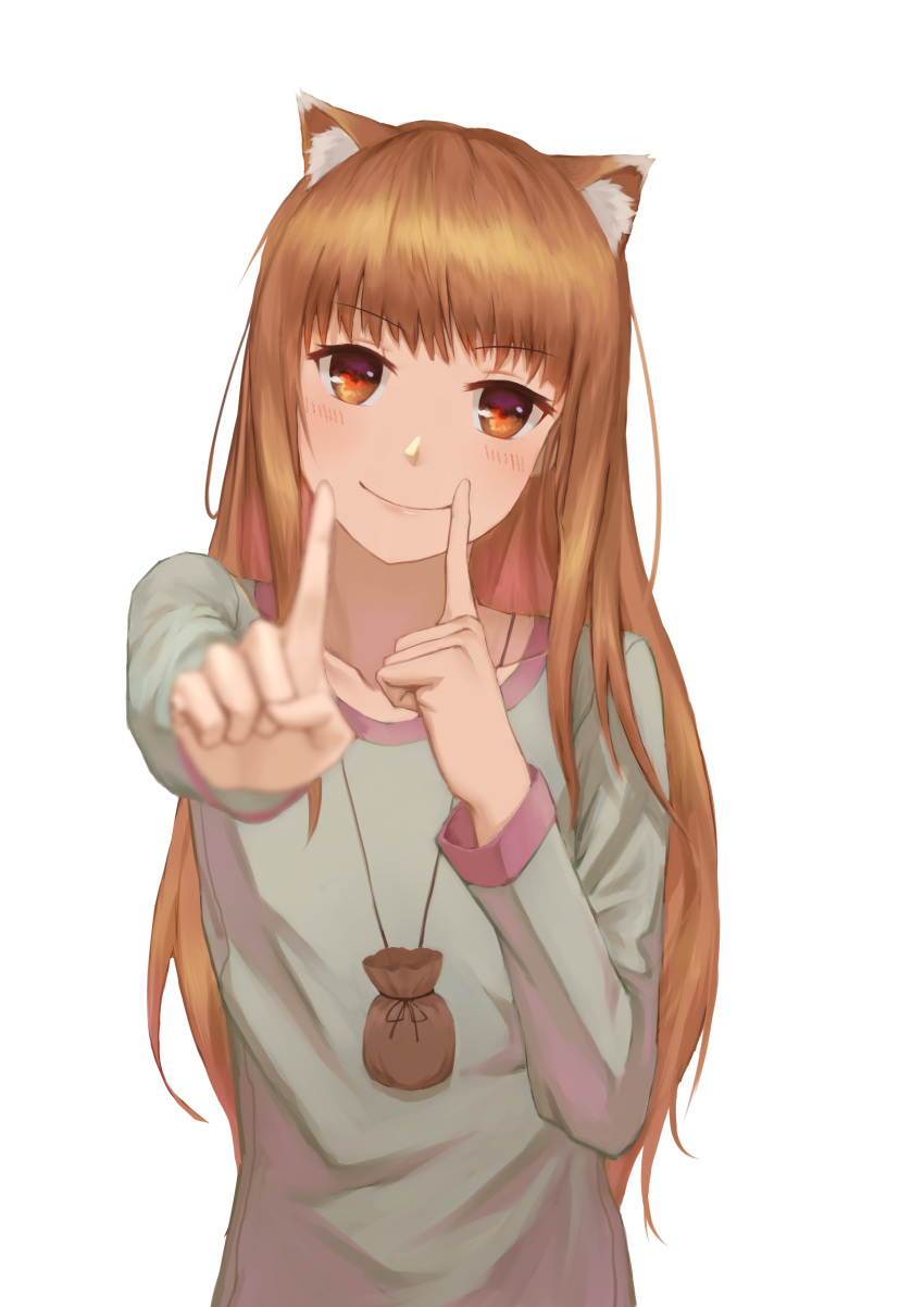 1girl absurdres animal_ears blurry blush brown_eyes brown_hair depth_of_field foreshortening highres holo index_finger_raised koi_dance long_hair looking_at_viewer simple_background smile solo spice_and_wolf upper_body white_background wolf_ears youzi_(small_shabao)