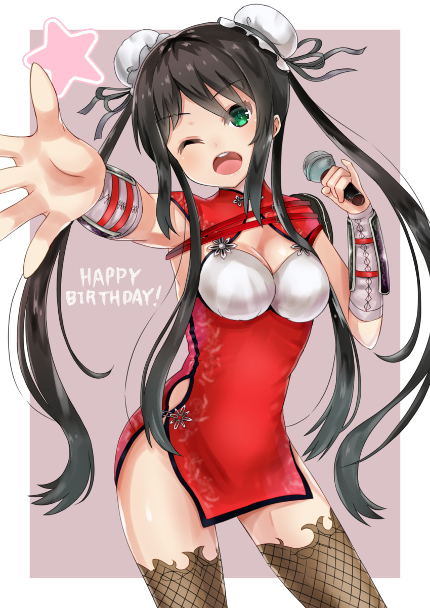 1girl :o armpits arms_up bangs black_hair black_ribbon breasts china_dress chinese_clothes cleavage cleavage_cutout commentary_request cowboy_shot dress english eyebrows_visible_through_hair eyes_visible_through_hair fei_li green_eyes hair_over_breasts happy_birthday high_collar highres holding holding_microphone lavender_background long_hair looking_at_viewer masaki_kazusa medium_breasts microphone music one_eye_closed open_mouth outside_border outstretched_arm outstretched_hand parted_bangs pinky_out reaching_out ribbon round_teeth school_girl_strikers side_cutout side_slit sidelocks singing sleeveless solo standing star teeth text twintails very_long_hair white_border
