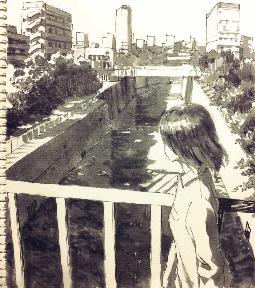 1girl absurdres black_hair bridge building canal city cityscape highres long_sleeves monochrome original plant scenery shirt short_hair solo tokunaga_akimasa traditional_media white_shirt wing_collar