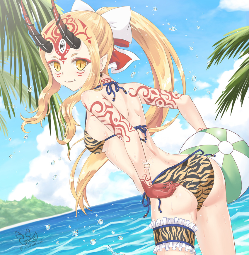 1girl adjusting_clothes adjusting_swimsuit ass ball beach beachball bikini blonde_hair closed_mouth clouds cloudy_sky commentary_request earrings facial_mark fang fate/grand_order fate_(series) hair_ribbon highres horns ibaraki_douji_(fate/grand_order) jewelry long_hair looking_at_viewer looking_back oni oni_horns pointy_ears ponytail ribbon sky smile solo swimsuit tattoo thigh_strap tsukizaki_shizuka water yellow_eyes