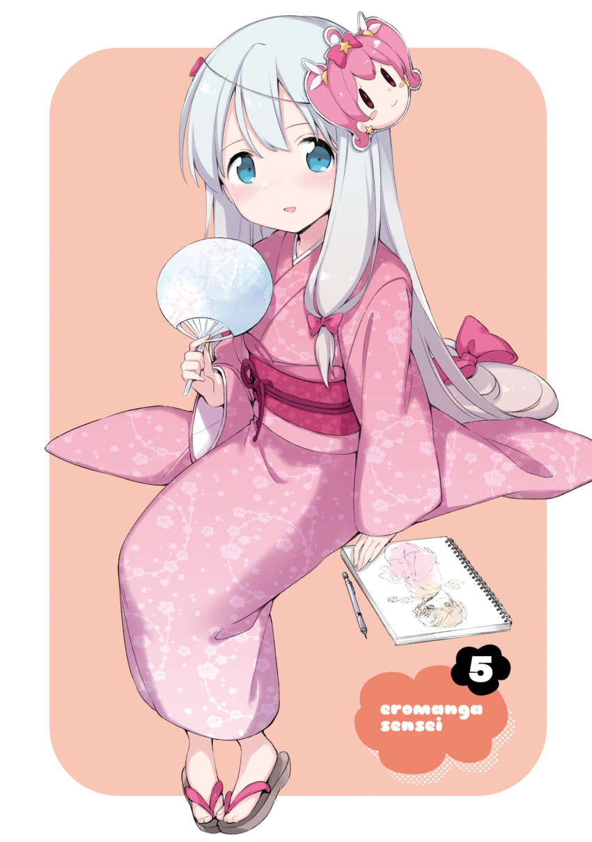 1girl blue_eyes blush bow copyright_name eromanga_sensei fan hair_bow highres holding holding_fan invisible_chair izumi_sagiri japanese_clothes kimono long_hair looking_at_viewer low-tied_long_hair mask mask_on_head number obi official_art parted_lips pen pink_kimono red_bow rin_(royal) sash silver_hair simple_background sitting solo very_long_hair white_background yukata