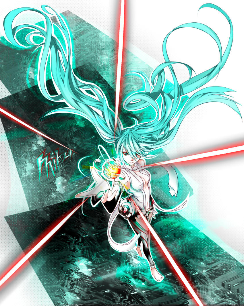 &gt;:&gt; 1girl bare_shoulders barefoot breasts character_name circuit_board closed_mouth floating_hair from_above full_body green_eyes green_hair hair_between_eyes hair_over_one_eye hatsune_miku heterochromia highres kidy_(kidy_siow) long_hair medium_breasts miku_append orb red_eyes solo twintails very_long_hair vocaloid vocaloid_append walking