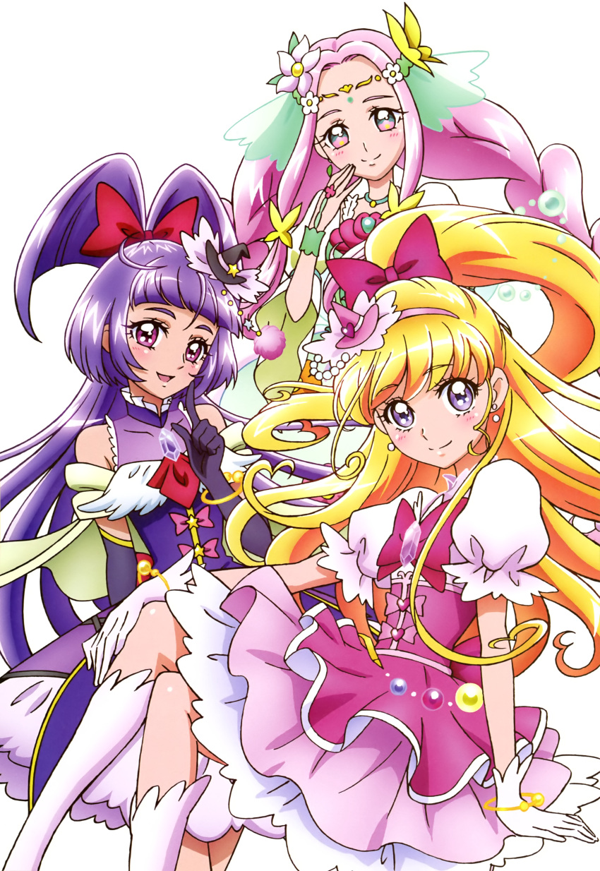 3girls absurdres arm_support asahina_mirai black_gloves blonde_hair bow collarbone cure_felice cure_magical cure_miracle earrings elbow_gloves floating_hair flower gloves grey_eyes ha-chan_(mahou_girls_precure!) hair_bow hair_flower hair_ornament hairband hanami_kotoha high_ponytail highres invisible_chair izayoi_liko jewelry kneeling legs_crossed long_hair looking_at_viewer magical_girl mahou_girls_precure! multiple_girls pink_eyes pink_hair pink_hairband precure pretty_cure purple_bow purple_hair red_bow see-through simple_background sitting sleeveless smile standing twintails very_long_hair white_background white_flower white_gloves white_legwear wrist_cuffs