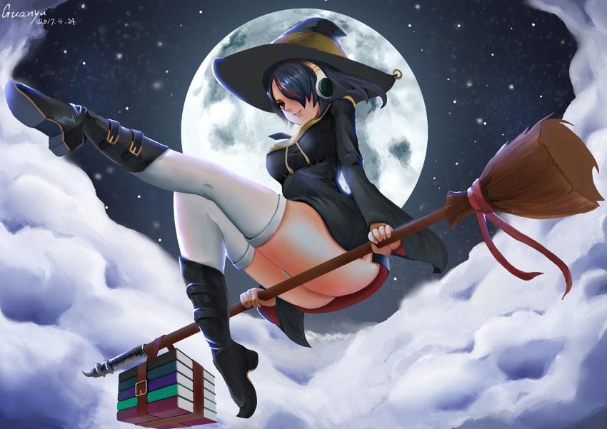 1girl artist_name black_boots black_dress black_hair black_legwear book_stack boots broom broom_riding clouds dated dress emperor_penguin_(kemono_friends) from_side full_moon guanyu hair_over_one_eye hat headphones highres kemono_friends long_sleeves moon multicolored_hair night night_sky number outdoors parted_lips redhead sidesaddle sky smile solo streaked_hair thigh-highs white_legwear witch witch_hat