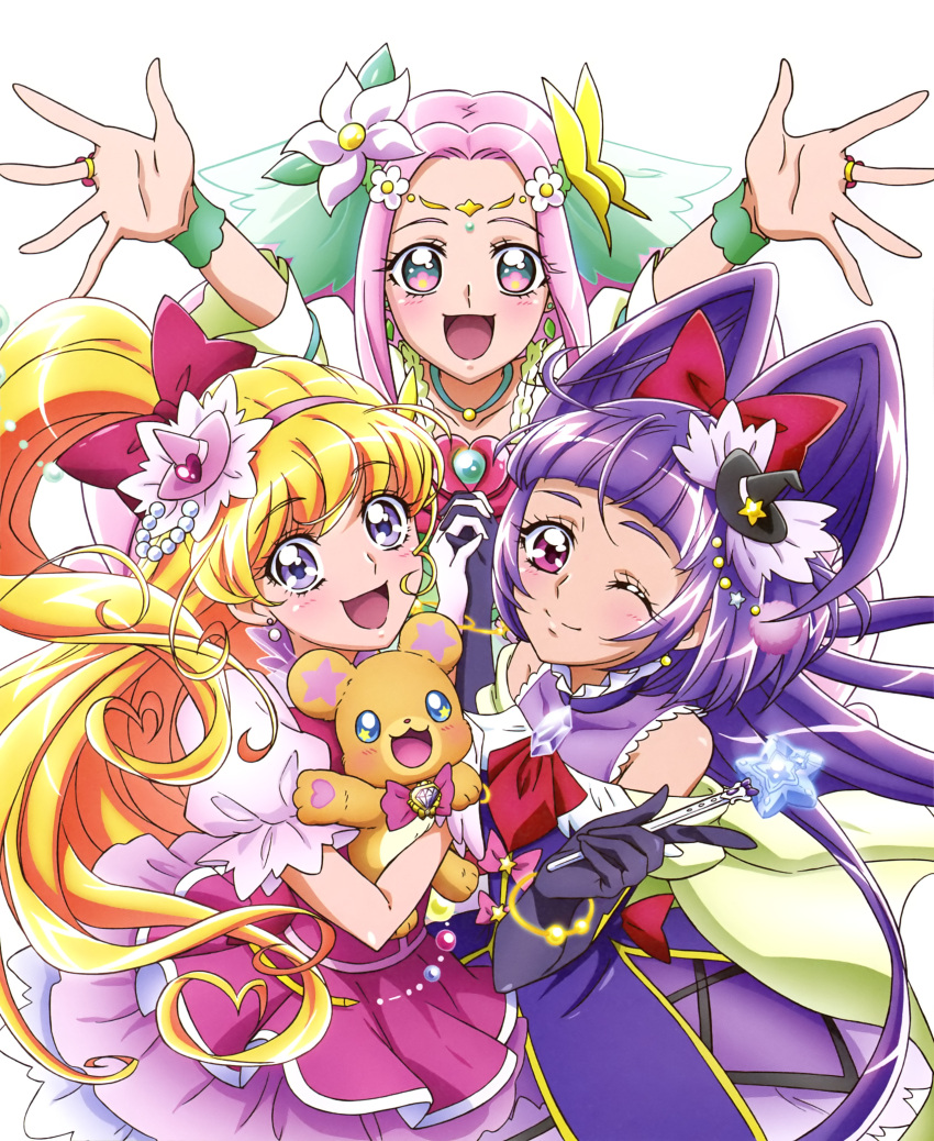 3girls :d ;) absurdres arms_up asahina_mirai black_gloves blonde_hair bow collarbone cure_felice cure_magical cure_miracle earrings elbow_gloves floating_hair flower gloves grey_eyes ha-chan_(mahou_girls_precure!) hair_bow hair_flower hair_ornament hairband hanami_kotoha hand_holding hat highres holding interlocked_fingers izayoi_liko jewelry long_hair looking_up magical_girl mahou_girls_precure! mofurun_(mahou_girls_precure!) multiple_girls one_eye_closed open_mouth pink_hair pink_hairband precure pretty_cure purple_hair purple_hat red_bow ring see-through shiny shiny_skin short_sleeves simple_background sleeveless smile white_background white_flower white_gloves