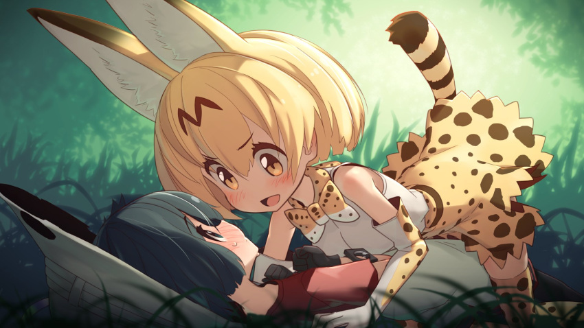 2girls :d all_fours animal_ears bare_shoulders black_eyes black_gloves black_hair blonde_hair blush bow bowtie closed_mouth elbow_gloves eye_contact girl_on_top gloves grass hat highres kaban_(kemono_friends) kemono_friends looking_at_another lying multiple_girls on_back open_mouth red_shirt serval_(kemono_friends) serval_ears serval_print serval_tail shirt short_hair short_sleeves sleeveless smile sweat tail thigh-highs yamadori_enka yellow_eyes yuri