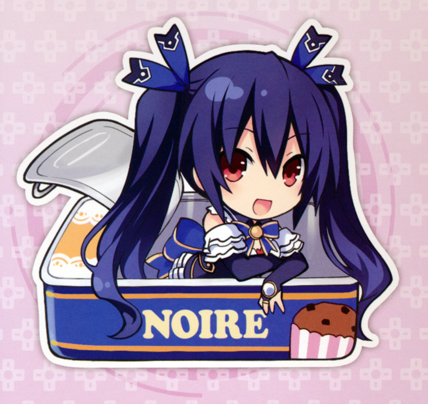 1girl absurdres bare_shoulders can character_name cleavage hair_ornament highres long_hair looking_at_viewer neptune_(series) noire official_art open_mouth purple_hair red_eyes ribbon smile solo tsunako twintails very_long_hair