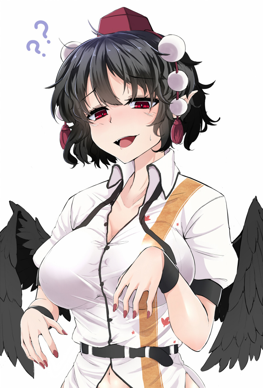 1girl ?? belt black_hair black_wings breasts collarbone collared_shirt dress_shirt feathered_wings hat highres large_breasts nail_polish navel open_mouth pointy_ears pom_pom_(clothes) red_eyes revision rihito_(usazukin) shameimaru_aya shirt short_hair simple_background smile solo sweat tokin_hat touhou upper_body white_background white_shirt wing_collar wings wrist_cuffs