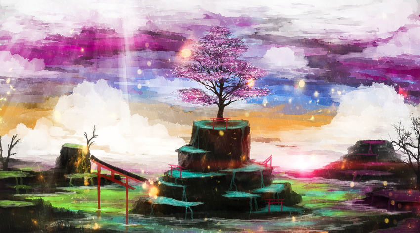 akyuun cherry_blossoms clouds commentary highres landscape light_particles no_humans original purple_sky scenery sky torii tree water