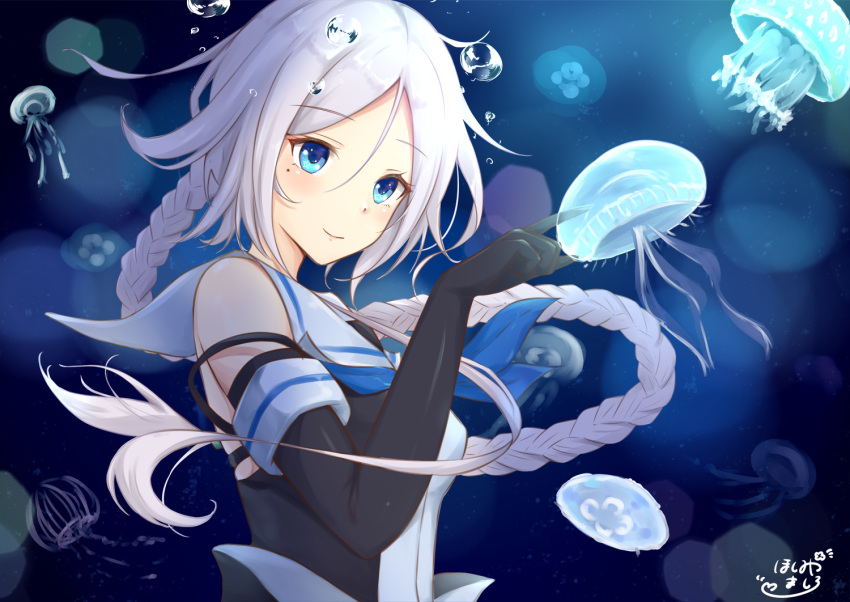 1girl blue_eyes blue_hair bubbles jellyfish kantai_collection long_hair mole smile umikaze_(kantai_collection)