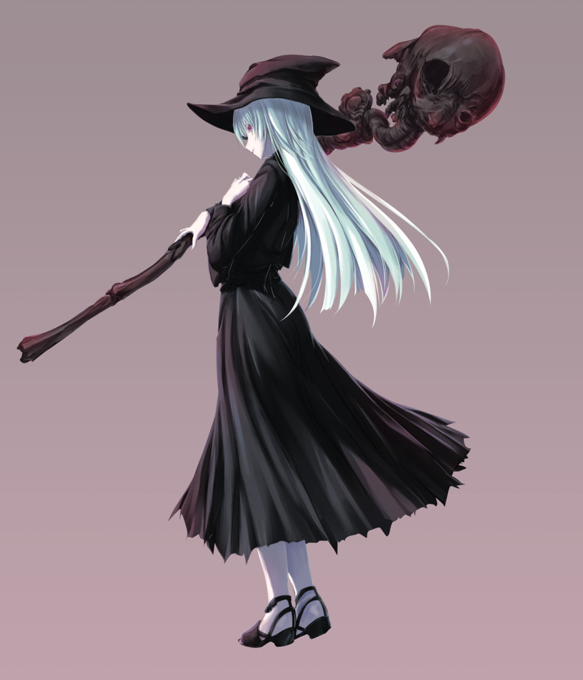 1girl black_dress closed_mouth dress from_side full_body hat highres holding holding_staff long_hair original pale_skin profile red_eyes silver_hair smile solo staff standing tenmaso witch witch_hat