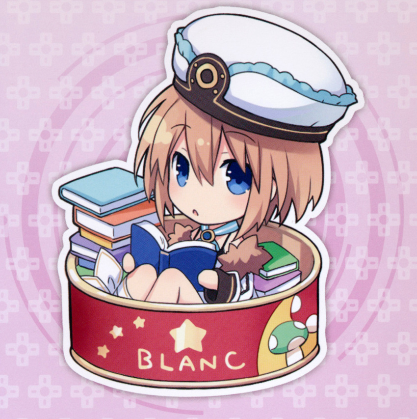 1girl :o absurdres blanc blue_eyes book book_stack brown_hair can chibi full_body fur_trim hat highres holding holding_book in_container knees_up looking_at_viewer minigirl neptune_(series) official_art pink_background short_hair sitting solo source_request tsunako