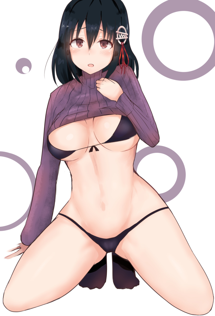 1girl alternate_costume arm_support bikini bikini_under_clothes black_hair blush breasts brown_eyes casual clothes_lift haguro_(kantai_collection) hair_ornament highres kantai_collection kinryuu kneeling large_breasts lifted_by_self looking_at_viewer micro_bikini midriff navel open_mouth shirt shirt_lift solo spread_legs sweater sweater_lift swimsuit thighs turtleneck turtleneck_sweater