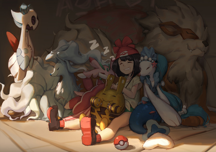 1girl alolan_ninetales arcanine beanie black_hair drooling elekid female_protagonist_(pokemon_sm) front-tie_top froslass full_body gods_(1073337800) hat lurantis poke_ball pokemon pokemon_(creature) pokemon_(game) pokemon_sm primarina shirt short_hair shorts sitting sleeping t-shirt zzz