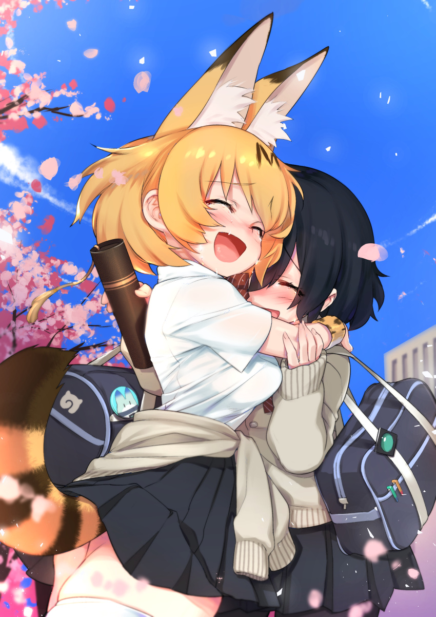 2girls absurdres alternate_costume animal_ears black_hair black_skirt blonde_hair blurry blush cherry_blossoms closed_eyes clothes_around_waist collared_shirt commentary_request contemporary cowboy_shot crying depth_of_field highres hug kaban_(kemono_friends) kemono_friends lucky_beast_(kemono_friends) miniskirt multiple_girls pleated_skirt school_uniform serval_(kemono_friends) serval_ears serval_tail shirt skindentation skirt striped_tail sweater_around_waist tail tears thighs try wavy_hair white_legwear
