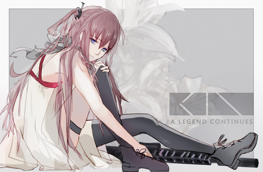 1girl blue_eyes boots dress from_side girls_frontline hair_ornament hand_on_own_knee highres lanxee light_brown_hair long_hair looking_at_viewer single_thighhigh sitting solo st_ar-15_(girls_frontline) thigh-highs white_dress
