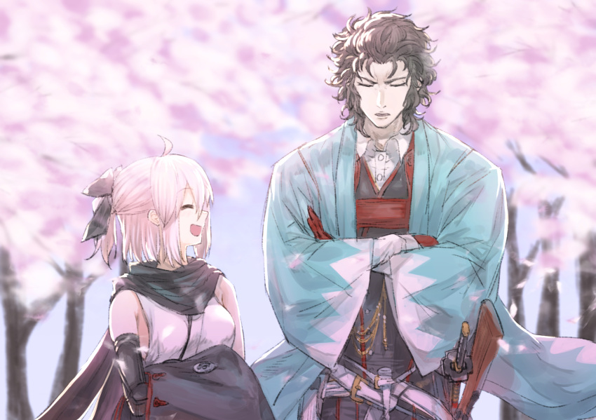 1boy 1girl :d ^_^ ahoge black_bow black_hair black_scarf blurry bow cherry_blossoms closed_eyes crossed_arms depth_of_field detached_sleeves emoshon fate/grand_order fate_(series) gun hair_bow haori height_difference highres hijikata_toshizou_(fate/grand_order) japanese_clothes katana kimono looking_at_another military military_uniform open_mouth parted_lips pink_hair profile rifle sakura_saber scarf sheath sheathed short_hair sleeveless sleeveless_kimono smile sword uniform upper_body weapon