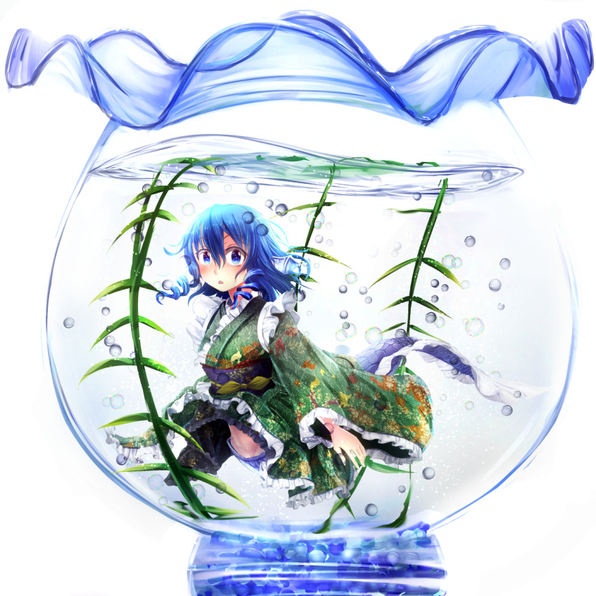 1girl blue_eyes blue_hair bubble drill_hair fishbowl frilled_kimono frills full_body green_kimono hair_between_eyes head_fins highres japanese_clothes kimono looking_at_viewer mermaid midriff_peek monster_girl obi open_mouth pops sash solo surprised touhou twin_drills wakasagihime water white_background wide_sleeves