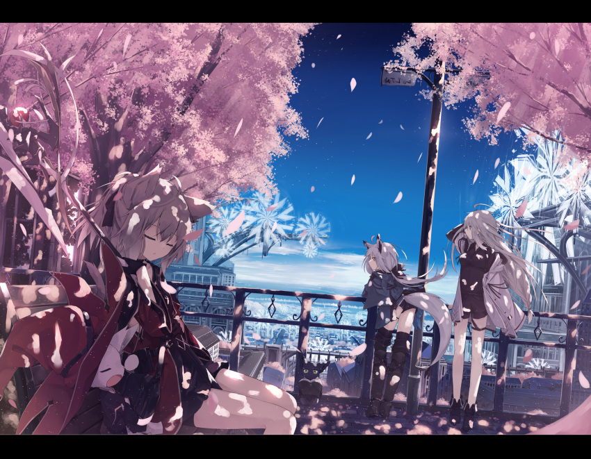 3girls against_railing ahoge bangs bench black_boots black_dress black_ribbon blue_sky boots breasts cherry_blossoms cityscape dappled_sunlight day dress fox_girl fox_tail grey_hair hair_ribbon hat highres holding holding_staff hood hoodie letterboxed long_hair long_sleeves medium_breasts multiple_girls nose_bubble open_clothes open_hoodie open_mouth original outdoors park_bench petals ribbon shio_(shia-ushio) short_dress short_hair short_shorts shorts silver_hair sitting sky sleeping staff sunlight tail thigh-highs thigh_boots windmill witch_hat