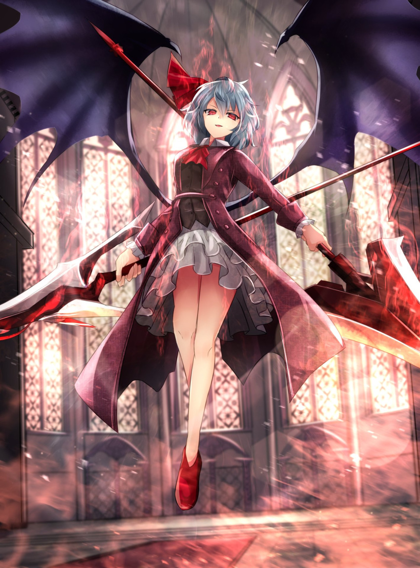 1girl alternate_costume blue_hair bow coat cravat fire full_body highres long_coat long_sleeves looking_at_viewer open_clothes open_coat open_mouth red_eyes remilia_scarlet short_hair sinkai smile solo spear_the_gungnir touhou wings